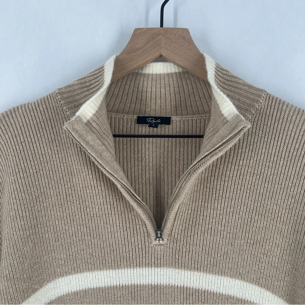 Rails Tessa‎ Sweater Merino Wool Sand Striped Quarter Zip Mock Neck Sweater L